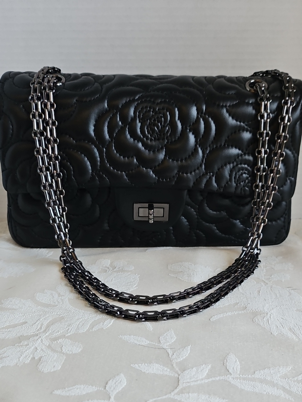 Black Quilted Camella Embossed CC Style Bag with Gunmetal Chain Strap